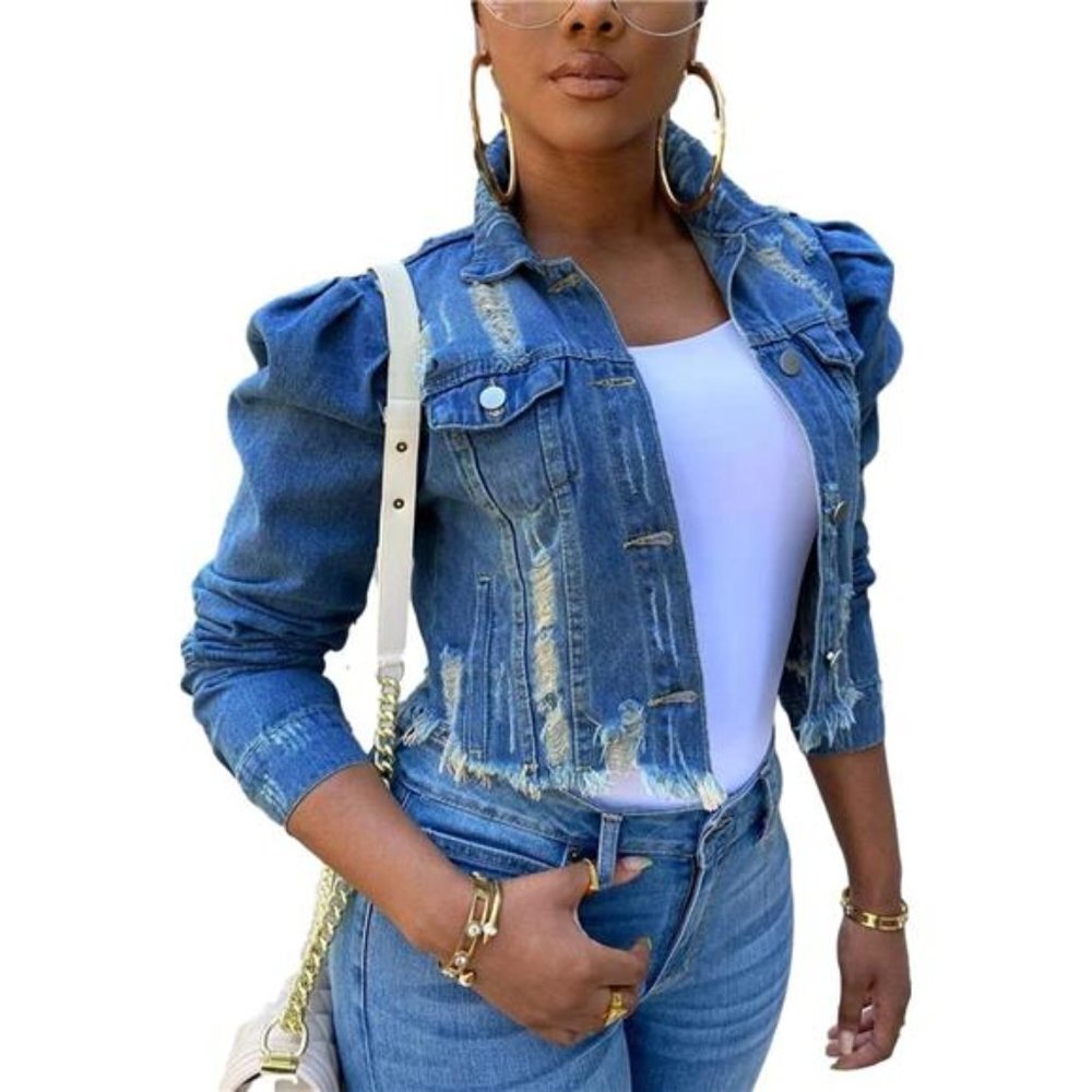 Women's Ripped Puff Sleeve/ Long-Sleeve Cropped Jean Jacket